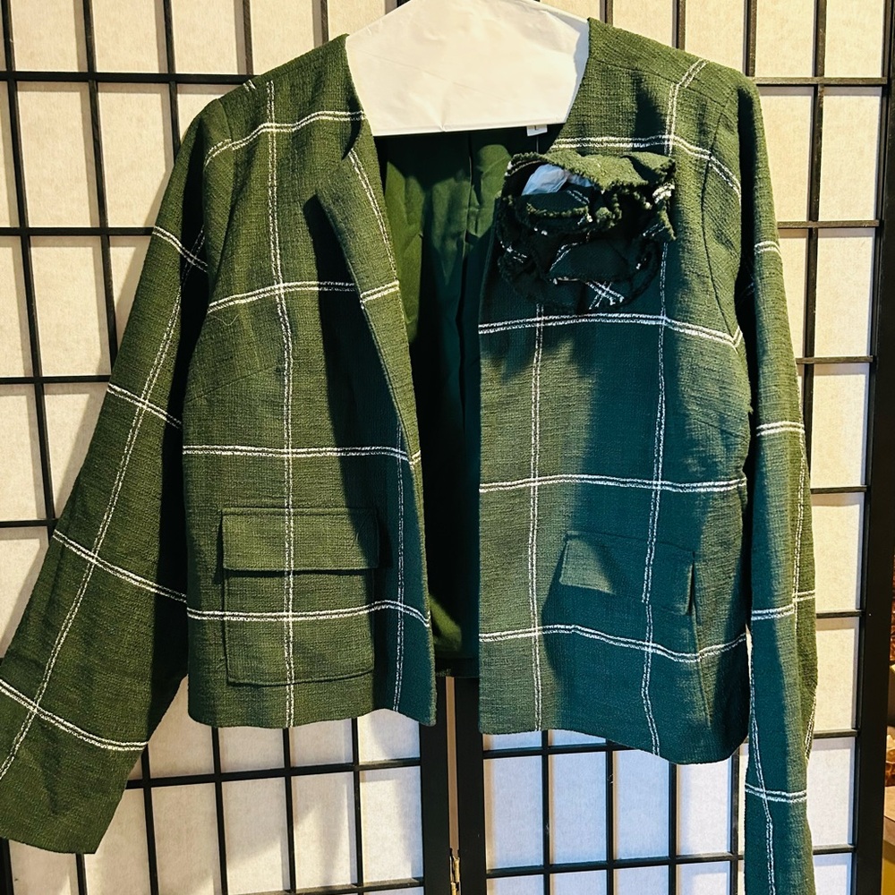 Lawrence Zarian Green and White Windowpane Check Open Front Jacket Sz L